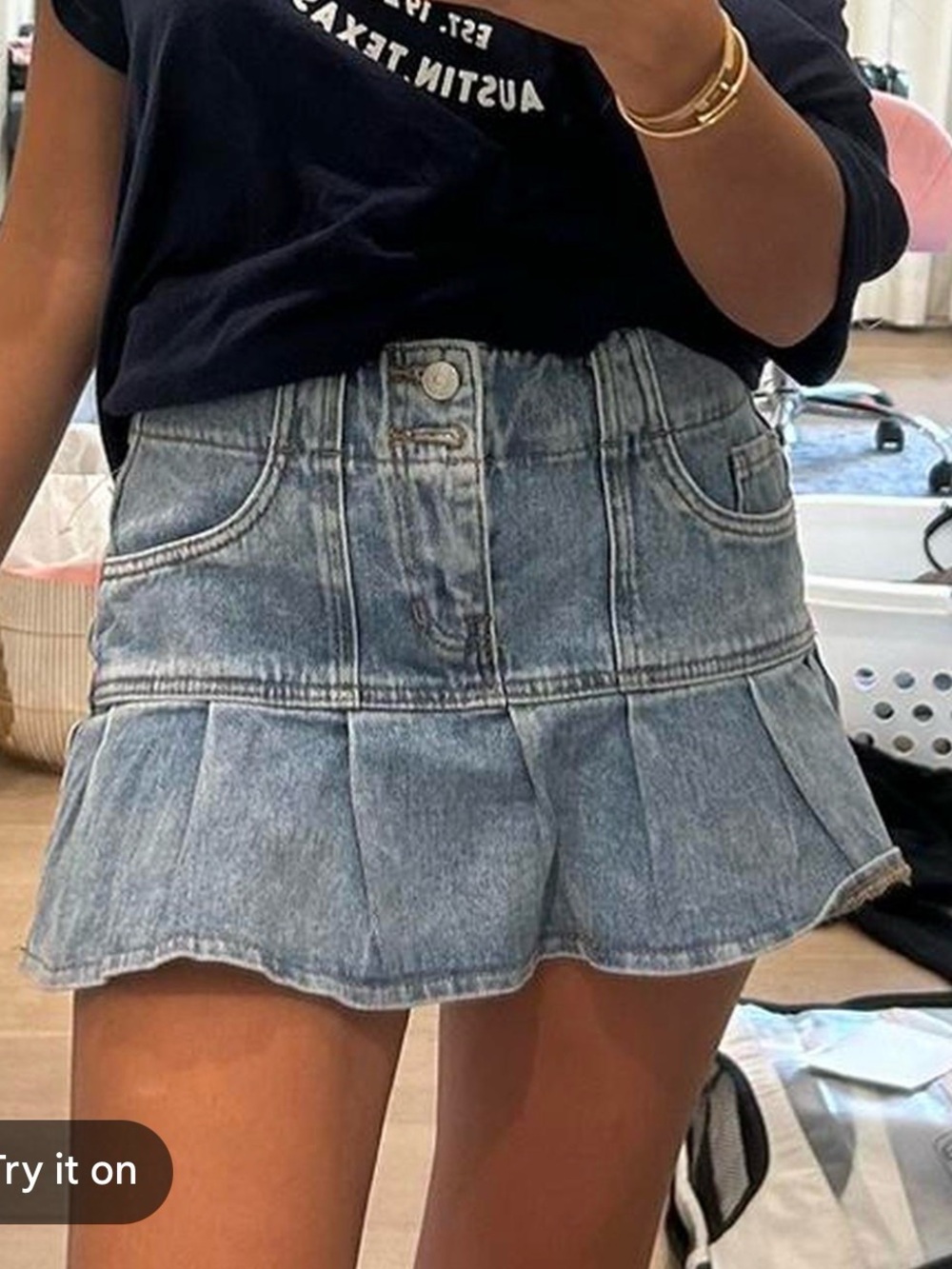 PacSun Light Acid Wash Pleated Denim Mini Skirt Size 26 Blue Cotton Ruffle Hem